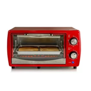 Ovente 700-Watt 4-Slice Red Electric Toaster Oven with Timer Knob and Tempered Glass Door Cool-Touch Handle, Includes LED Light