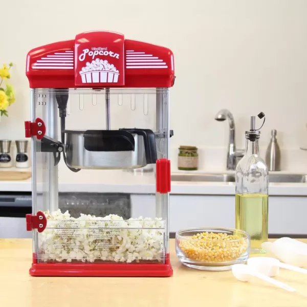 West Bend 4-Quart Red Hot Oil Movie Theater Style Popcorn Popper Machine with Nonstick Kettle Includes Measuring Cup and Scoop