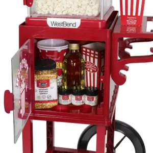 West Bend Popcorn Cart 2.5 oz Non-Stick Stainless Steel Kettle, Makes 10 Cups, Cabinet Built-In Light, with Spoon & Scoop