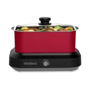 West Bend 5 qt. Red Non-Stick Versatility Slow Cooker with 5-Temperature Settings Includes Travel Lid and Thermal Tote