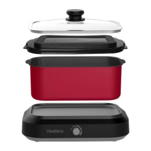 West Bend 5 qt. Red Non-Stick Versatility Slow Cooker with 5-Temperature Settings Includes Travel Lid and Thermal Tote