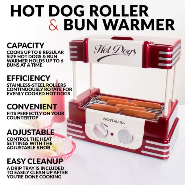 Nostalgia Retro Red Electric Hot Dog Roller and Bun Warmer