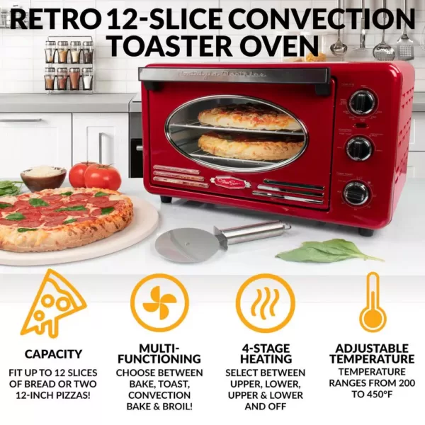 Nostalgia Retro 1500 W 12-Slice Retro Red Convection Toaster Oven with Built in Timer