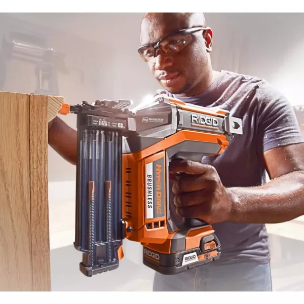 RIDGID 18-Volt Lithium-Ion Cordless Brushless HYPERDRIVE 18-Gauge 2-1/8 in. Brad Nailer, Battery, Charger, Belt Clip, Bag