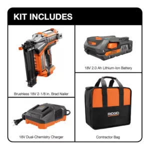 RIDGID 18-Volt Lithium-Ion Cordless Brushless HYPERDRIVE 18-Gauge 2-1/8 in. Brad Nailer, Battery, Charger, Belt Clip, Bag