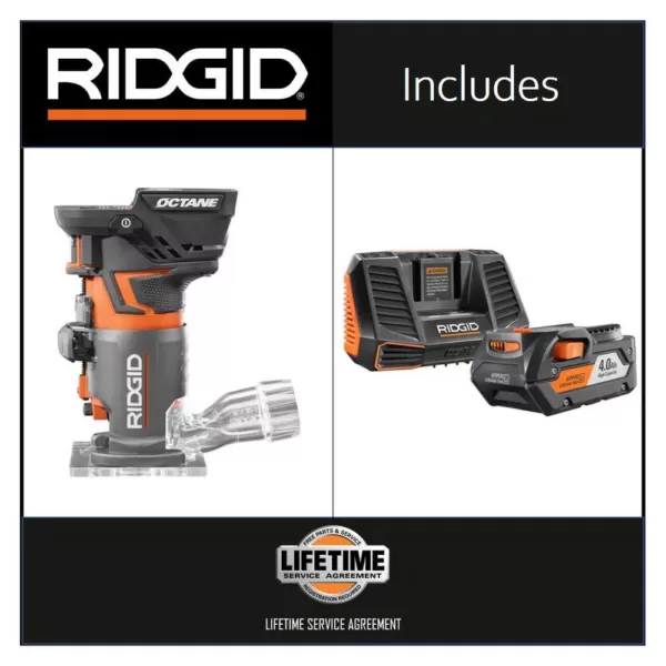 RIDGID 18-Volt OCTANE Fixed Base Router with 1/4 in. Bit with 18-Volt Lithium-Ion 4.0 Ah Battery and Charger Kit