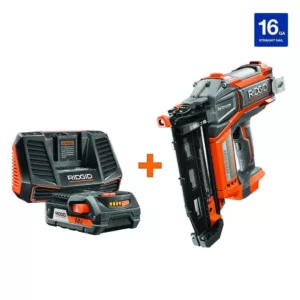 RIDGID 18-Volt Cordless Brushless HYPERDRIVE 16-Gauge 2-1/2 in Straight Nailer, 2 Ah Battery, Charger, Nails, Belt Clip and Bag