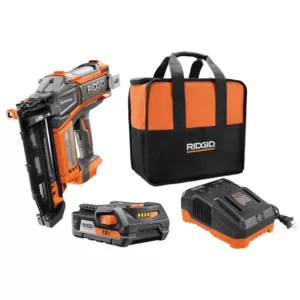 RIDGID 18-Volt Cordless Brushless HYPERDRIVE 16-Gauge 2-1/2 in Straight Finish Nailer, 2 Ah Battery, Charger, Belt Clip and Bag