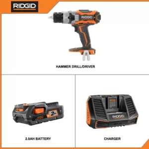 RIDGID 18-Volt Lithium-Ion Cordless 1/2 in. Hammer Drill/Driver Kit with 18-Volt Lithium-Ion 2.0 Ah Battery Pack and Charger