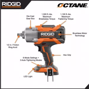 RIDGID 18-Volt OCTANE Cordless Brushless 1/2 in. High Torque 6-Mode Impact Wrench (Tool-Only) with Belt Clip