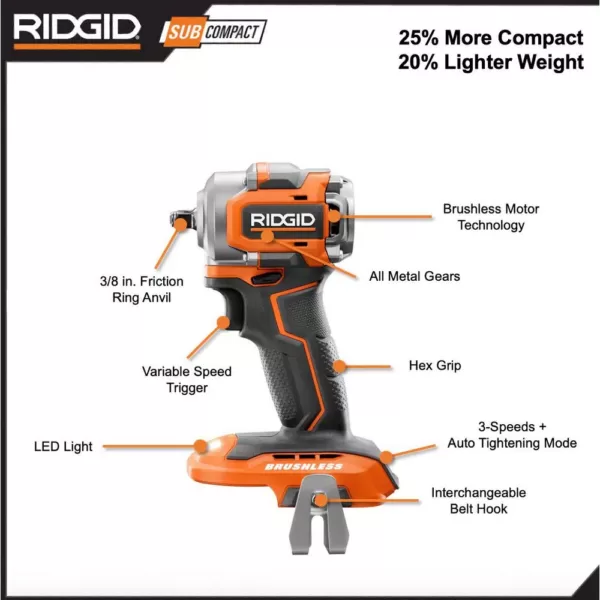 RIDGID 18-Volt SubCompact Lithium-Ion Cordless Brushless 3/8 in. Impact Wrench (Tool Only) with Belt Clip