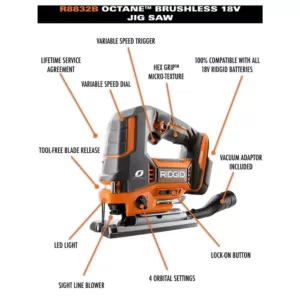 RIDGID 18-Volt OCTANE Cordless Brushless Jig Saw (Tool Only)