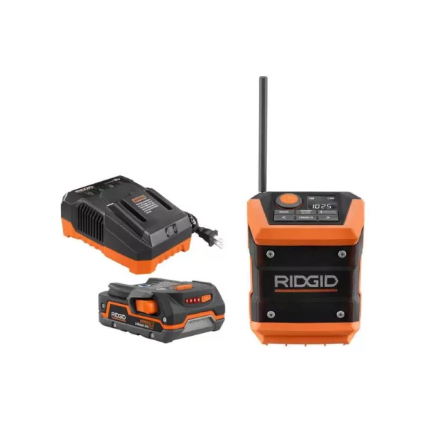 RIDGID 18-Volt Cordless Mini Bluetooth Radio with Radio App with 1.5 Ah Battery and 18-Volt Charger