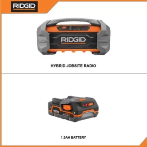 RIDGID 18-Volt Cordless Hybrid Jobsite Radio with Bluetooth Wireless Technology with 1.5 Ah Lithium-Ion Battery