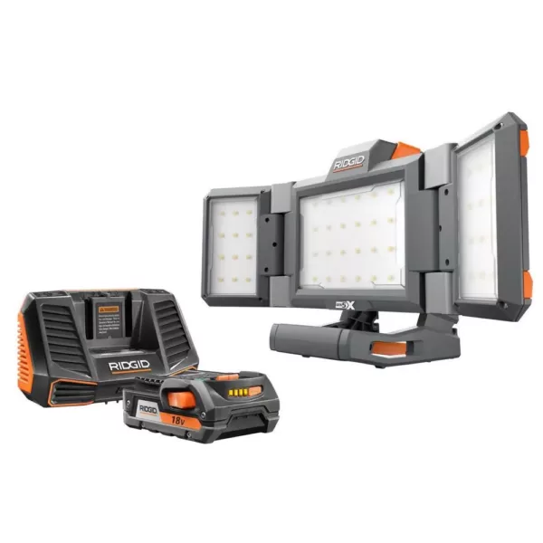 RIDGID 18-Volt Hybrid Folding Panel Light with 18-Volt Lithium-Ion 2.0 Ah Battery and Charger Kit