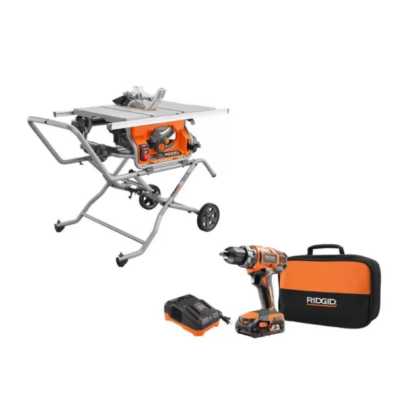 RIDGID 10 in. Pro Jobsite Table Saw with Stand and 18-Volt Cordless Drill/Driver Kit with (1) 2.0 Ah Battery, Charger, Tool Bag