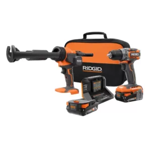 RIDGID 18V Brushless SubCompact 1/2 in. Drill/Driver Kit w/ 18V 10 oz Caulk and Adhesive Gun, 2 Batteries, Charger, Bag