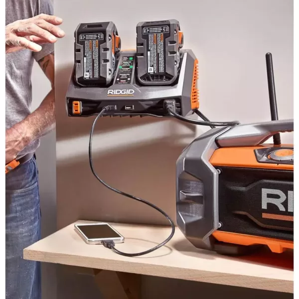 RIDGID 18-Volt Dual Port Dual Chemistry Sequential Charger with Dual USB Ports