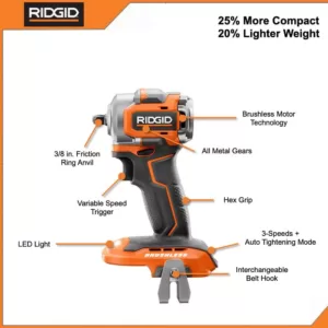 RIDGID 18-Volt Lithium-Ion Brushless Cordless SubCompact Combo Kit (3-Tool) with (2) 2.0 Ah Lithium Battery, Charger and Bag