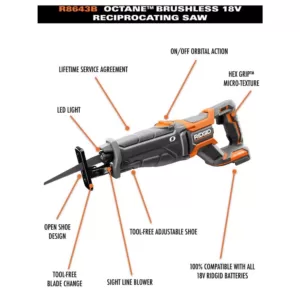 RIDGID 18-Volt OCTANE Lithium-Ion Cordless Brushless Reciprocating Saw (Tool-Only) with Reciprocating Saw Blade