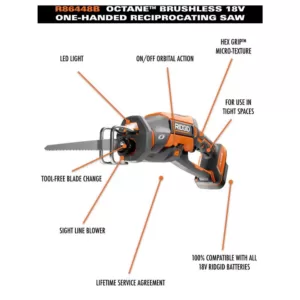 RIDGID 18-Volt OCTANE Cordless Brushless One-Handed Reciprocating Saw with 18-Volt Lithium-Ion 2.0 Ah Battery and Charger Kit