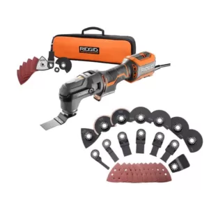 RIDGID 4 Amp Corded JobMax Multi-Tool with Tool-Free Head with JobMax Oscillating Multi-Tool Blade Accessory Kit (14-Piece)