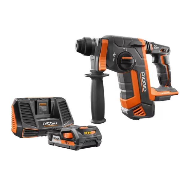 RIDGID 18-Volt OCTANE Brushless 1 in. SDS-Plus Rotary Hammer with 18-Volt 2.0 Ah Lithium-Ion Battery and Charger Kit