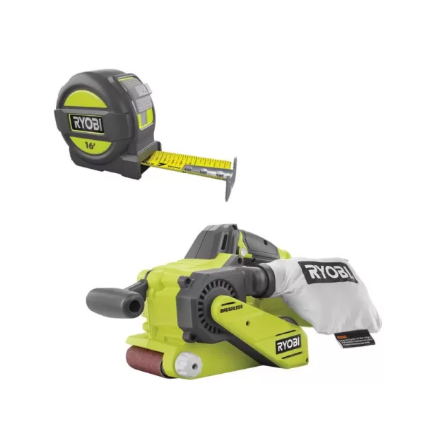 RYOBI 18-Volt ONE+ Cordless Brushless 3 in.x18 in. Belt Sander with Dust Bag and 80-Grit Sanding Belt with 16 ft. Tape Measure