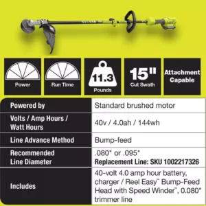 RYOBI 40-Volt Lithium-Ion Cordless Attachment Capable Trimmer/Edger - 4.0 Ah Battery and Charger Included