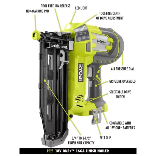 RYOBI 18-Volt ONE+ Lithium-Ion Cordless AirStrike 16-Gauge 2-1/2 in Straight Finish Nailer Kit with 1.3 Ah Battery and Charger