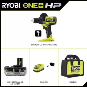 RYOBI ONE+ HP 18V Brushless Cordless 1/2 in. Hammer Drill Kit with (1) 4.0 Ah HIGH PERFORMANCE Battery, Charger, and Tool Bag