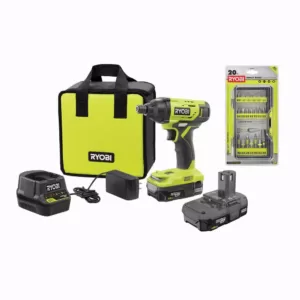 RYOBI ONE+ 18V Cordless 1/4 in. Impact Driver Kit with (2) Batteries, Charger, & Bag, with Impact Rated Driving Kit (20Piece)