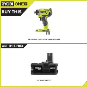 RYOBI 18-Volt ONE+ Cordless Brushless 3-Speed 1/4 in. Hex Impact Driver with 4.0 Ah Lithium-Ion Battery