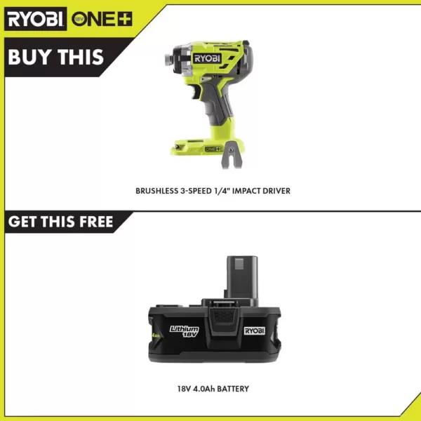 RYOBI 18-Volt ONE+ Cordless Brushless 3-Speed 1/4 in. Hex Impact Driver with 4.0 Ah Lithium-Ion Battery