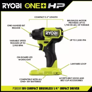 RYOBI ONE+ HP 18V Brushless Cordless Compact 1/4 in. Impact Driver, 3/8 in. Impact Wrench, (2) Batteries, Charger, and Bag