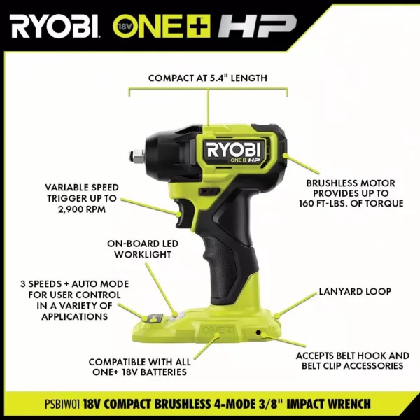 RYOBI ONE+ HP 18V Brushless Cordless Compact 3/8 in. Impact Wrench and Compact Cut-Off Tool (Tools Only)