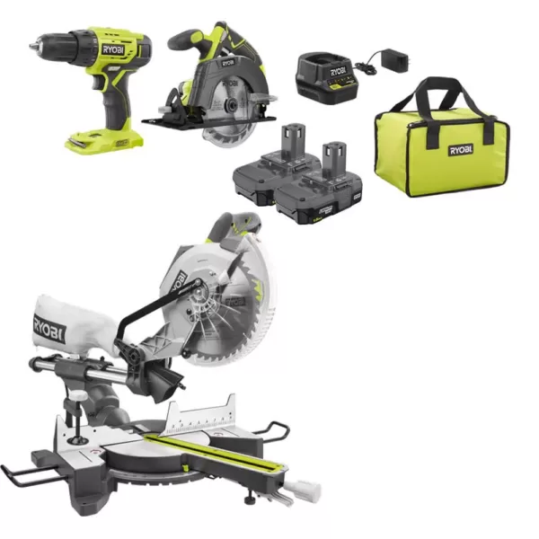 RYOBI 15 Amp 10 in. Sliding Compound Miter Saw and 18-Volt Cordless ONE+ Drill/Driver, Circular Saw Kit