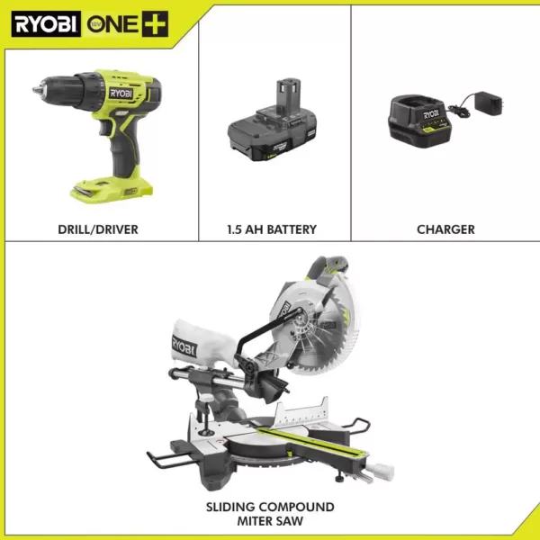 RYOBI 15 Amp 10 in. Sliding Compound Miter Saw and 18-Volt Cordless ONE+ 1/2 in. Drill/Driver Kit w/(1)1.5 Ah Battery, Charger