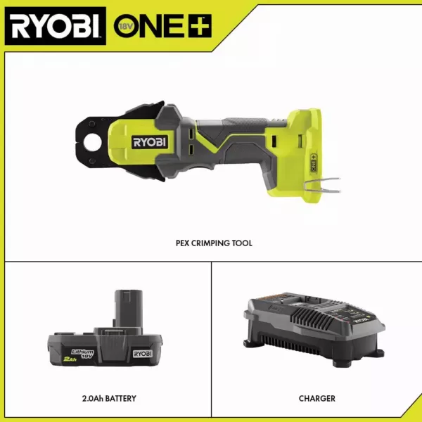 RYOBI 18-Volt ONE+ PEX Crimp Ring Press Tool with 2.0 Ah Lithium-Ion Battery and Dual Chemistry IntelliPort Charger