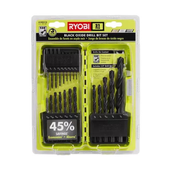 RYOBI 18-Volt Cordless ONE+ 1/2 in. Drill/Driver Kit w/(1) 1.5 Ah Battery and Charger and Black Oxide Drill Bit Set (21-Piece)