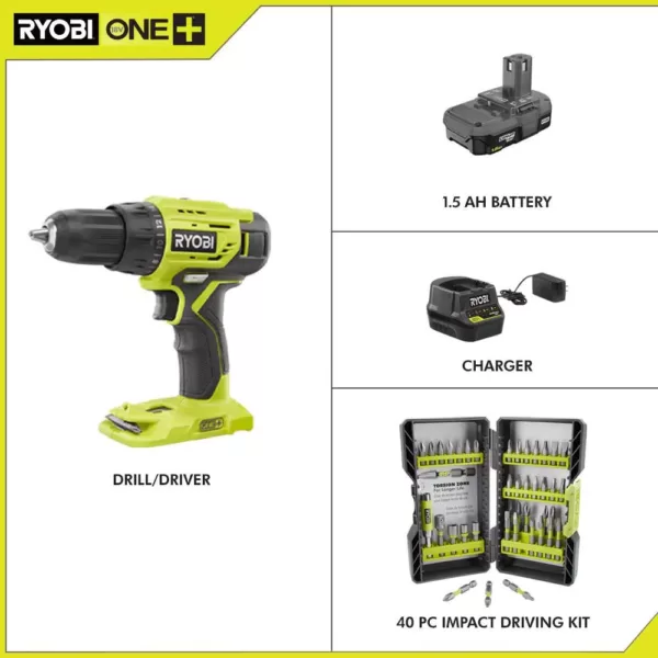 RYOBI 18-Volt Cordless ONE+ 1/2 in. Drill/Driver Kit w/(1) 1.5 Ah Battery and Charger and Impact Rated Driving Kit (40-Piece)