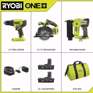 RYOBI 18-Volt ONE+ Lithium-Ion Cordless 2-Tool Combo Kit with Drill/Driver, Circular Saw, AirStrike 18-Gauge Brad Nailer