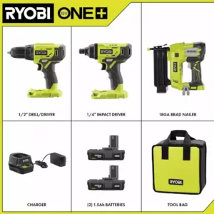 RYOBI 18-Volt ONE+ Lithium-Ion Cordless 3-Tool Combo Kit with Drill/Driver, Impact Driver, AirStrike 18-Gauge Brad Nailer