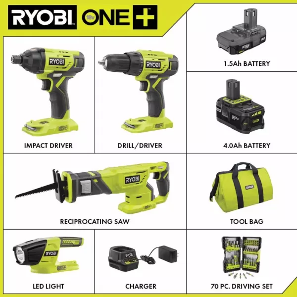 RYOBI 18-Volt ONE+ Cordless 4-Tool Combo Kit w/ (2) Batteries, Charger & Bag w/ BONUS Impact Rated Driving Kit (70-Piece)