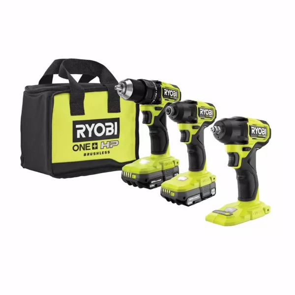 RYOBI ONE+ HP 18V Brushless Cordless Compact 1/2 in. Drill/Driver, Impact Driver, Impact Wrench, (2) Batteries, Charger