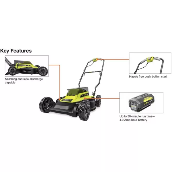 RYOBI 18 in. 40-Volt 2-in-1 Lithium-Ion Cordless Battery Walk Behind Push Mower with Two 4.0 Ah Batteries and Charger Included