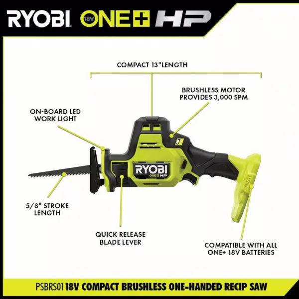 RYOBI ONE+ HP 18V Brushless Cordless Compact One-Handed Reciprocating Saw (Tool Only)