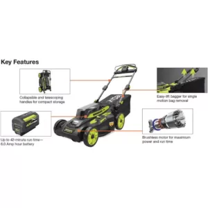 RYOBI 20 in. 40-Volt 6.0 Ah Lithium-Ion Battery Brushless Cordless Walk Behind Self-Propelled Lawn Mower with Charger Included