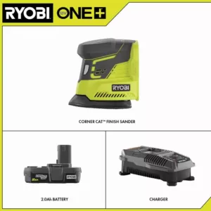 RYOBI 18-Volt ONE+ Corner Cat Finish Sander with 2.0 Ah Battery and Charger Kit