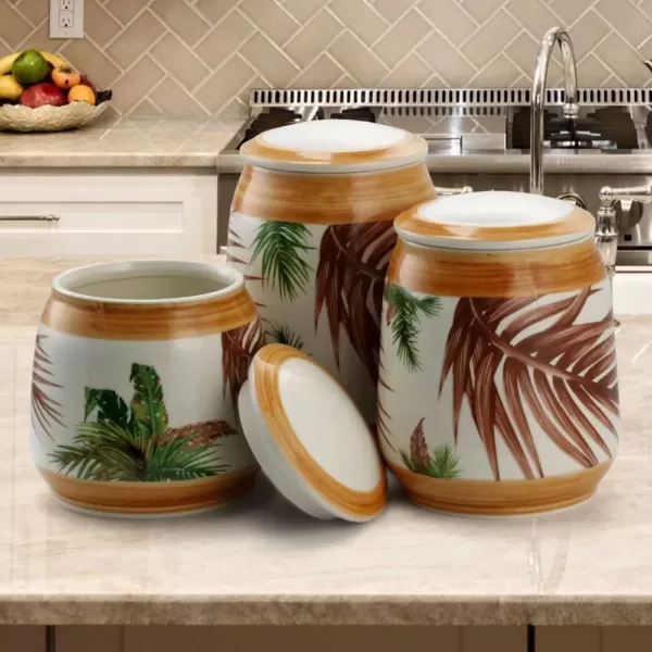 Elama Paradise Palms Sand 3-Piece Ceramic Canister Set with Ceramic Tops